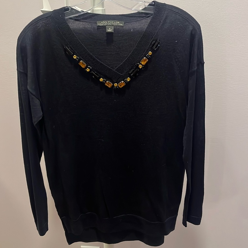 Ann Taylor Navy Blue Jeweled Neck Sweater